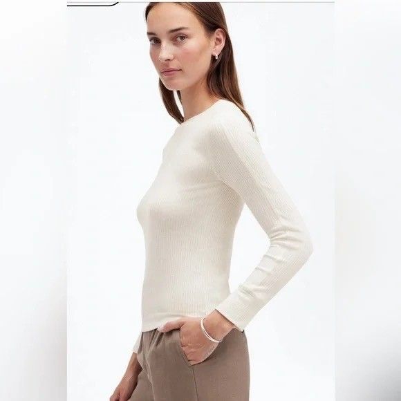 MADEWELL Ribbed Crewneck Long-Sleeve Tee S Heather Cream Top Slim Fit B22 - Picture 1 of 5